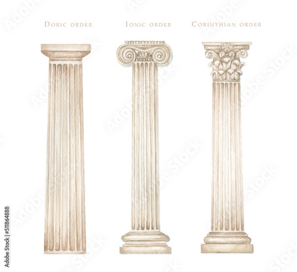 Fototapeta Watercolor antique column corinthian ionic doric order, Ancient Classic Greek pillar set, Roman Columns, Architecture facade elements Realistic drawing illustration isolated on white background