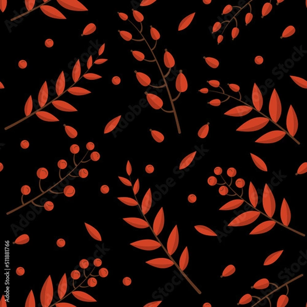 Obraz Pattern of autumn branches with red berries and leaves in different colors in a flat style. Vector image.