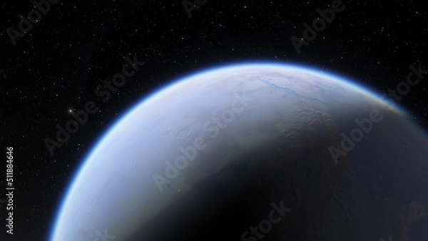 Fototapeta super-earth planet, realistic exoplanet, planet suitable for colonization, earth-like planet in far space, planets background 3d render

