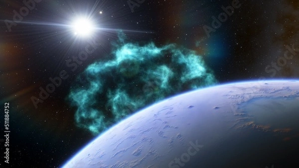 Fototapeta super-earth planet, realistic exoplanet, planet suitable for colonization, earth-like planet in far space, planets background 3d render
