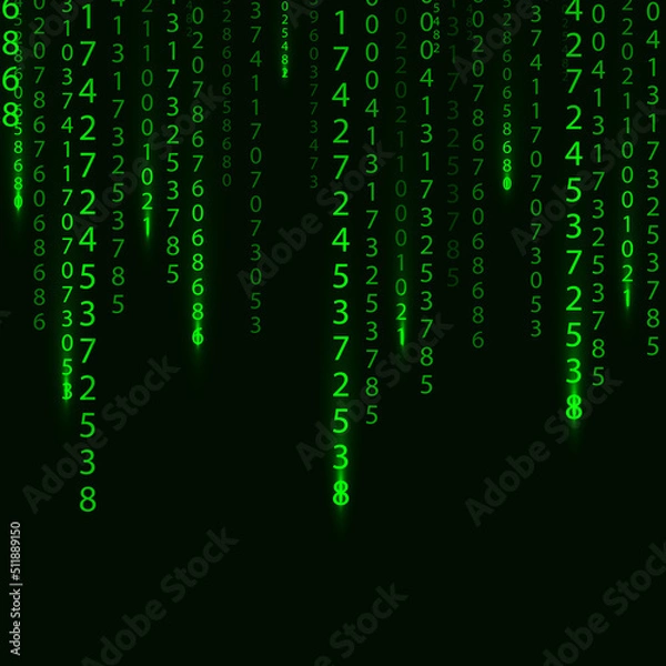 Fototapeta Green matrix on the dark background with different numbers and light. Big data visualization. Digital texture backdrop. Vector illustration.