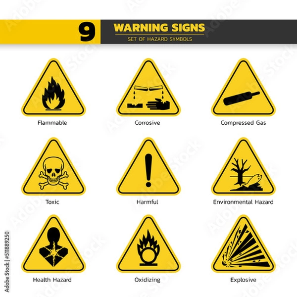 Fototapeta set of isolated  hazardous symbols on yellow round triangle board warning sign for pictograms, icon, label, logo or package industry etc. paperwork flat style vector design.