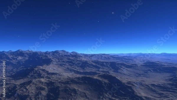 Fototapeta Mars like red planet, with arid landscape, rocky hills and mountains, for space exploration and science fiction backgrounds.
