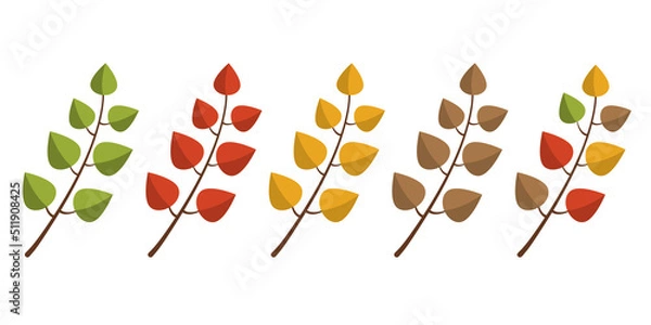 Obraz A set of autumn leaves on branches in different colors in a flat style. Vector image.