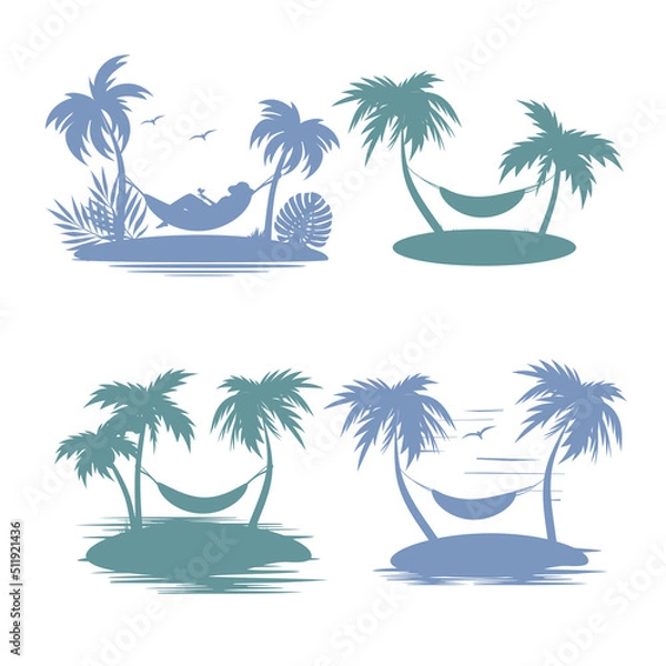 Fototapeta Island, hammock and palm trees. A woman is resting in a hammock. Vector silhouette. Set.