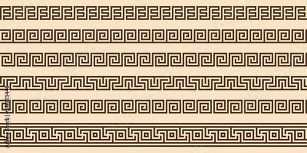 Fototapeta Greek key pattern, seamless borders collection. Decorative ancient meander, greece border ornament set with repeated geometric motif. Vector EPS10.