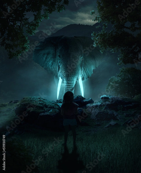 Fototapeta The glowing elephant in the fantasy mystical forest little girl