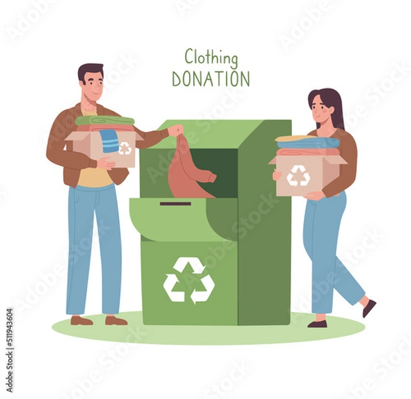 Obraz Recycle of used clothes. A man and a woman brought and put their clothes in a container for recycling and the subsequent creation of sustainable fashion. Flat vector illustration, cartoon style.
