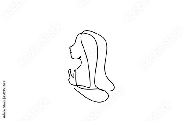 Fototapeta one beautiful wavy haired female head and raises index finger to explain and show something