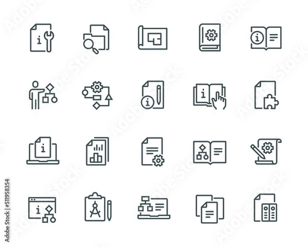 Fototapeta Set of simple icons related to Technical Documentation. Such as instructions, documents, selection process, design, search and use of information. Editable vector stroke. 