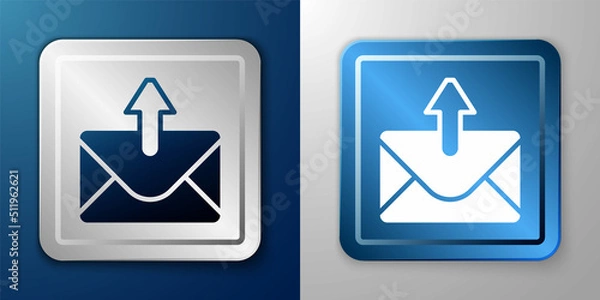 Fototapeta White Mail and e-mail icon isolated on blue and grey background. Envelope symbol e-mail. Email message sign. Silver and blue square button. Vector