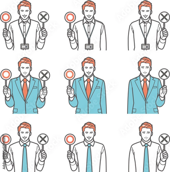 Fototapeta マルバツ　プラカードを持つビジネスマン　セット