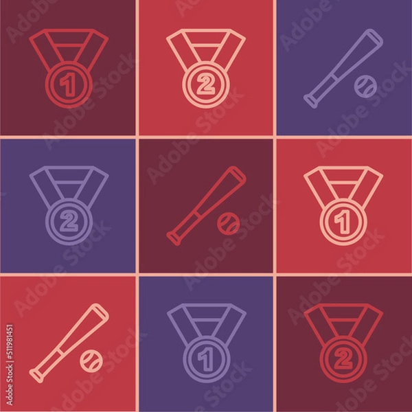 Fototapeta Set line Medal, Baseball bat with ball and icon. Vector