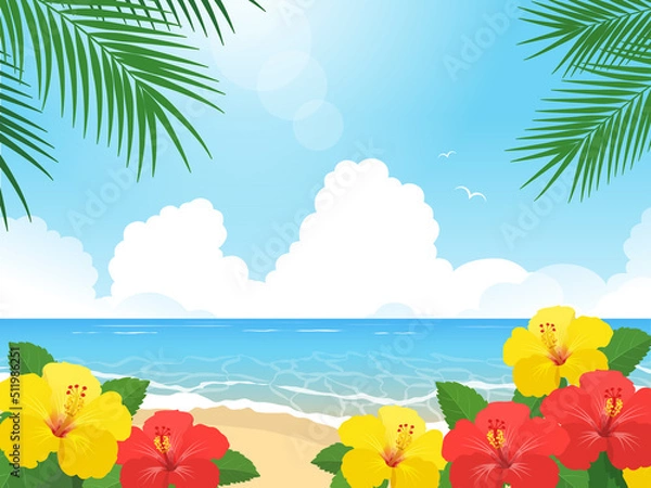 Fototapeta ハイビスカスと海の風景_ベクターイラスト