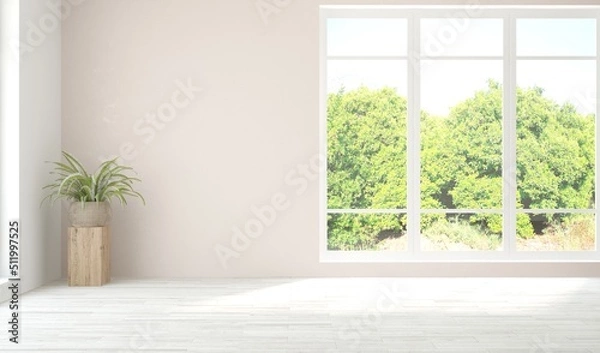 Fototapeta White empty room with summer landscape in window. Scandinavian interior design. 3D illustration