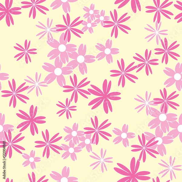 Fototapeta Vector yellow background white pink cherry tree flowers and cherry blossom sakura flowers. Seamless pattern background