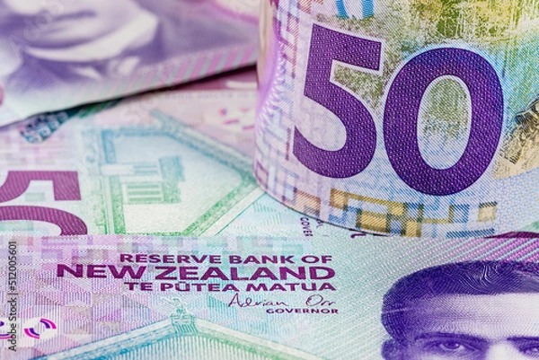 Obraz Close-up view of New Zealand banknotes.