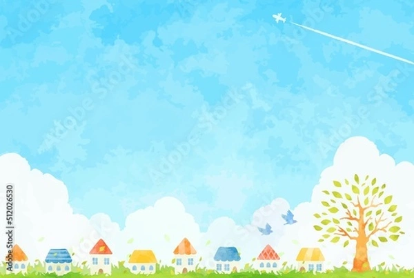 Fototapeta 綺麗な青空と街並みの風景イラスト