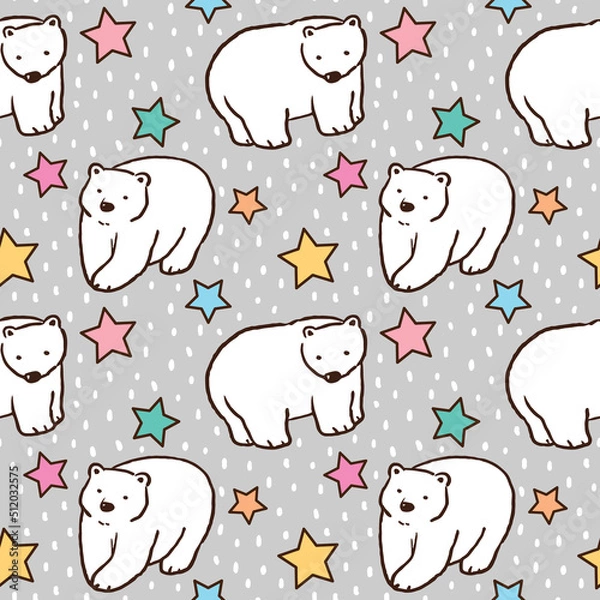 Fototapeta Seamless Pattern wth Hand Drawn White Bear and Star Design on Grey Background