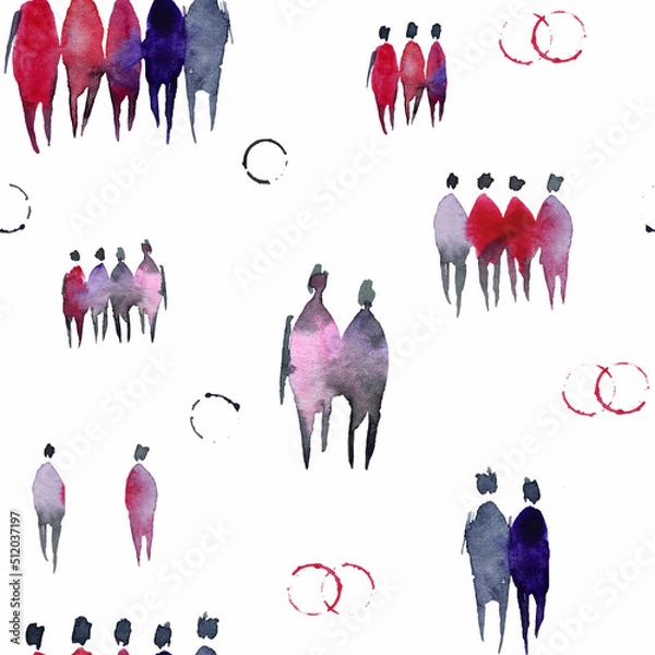 Fototapeta Color blot with watercolor depiction of a group of people. Hand-painted watercolor people, silhouettes of a man and a woman.	