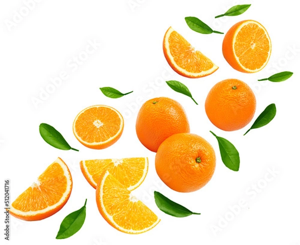 Fototapeta flying sliced orange with green leaf isolated on white background. clipping path