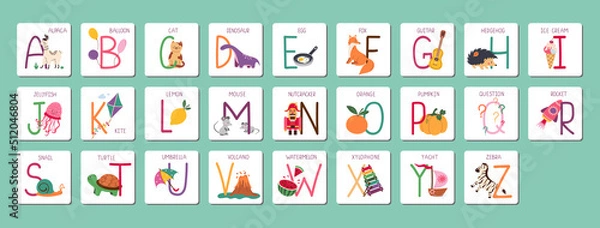 Obraz Kids ABC cards. Letter study set, english alphabet with food, animals and fairy tale characters cartoon illustrations vector collection.