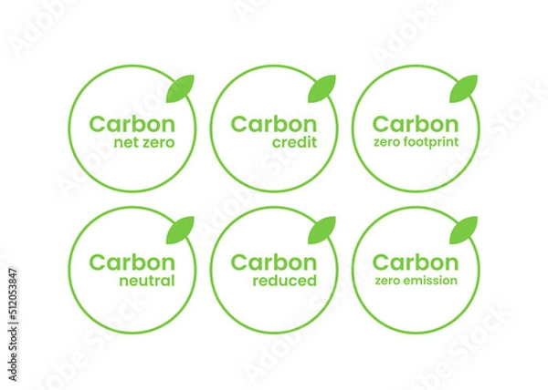 Fototapeta Carbon credit, carbon emission reduction, carbon neutral label sign icon set. Zero CO2 footprint offset. Stop global warming, reduce greenhouse gas effect ecology environment green eco friendly pack.