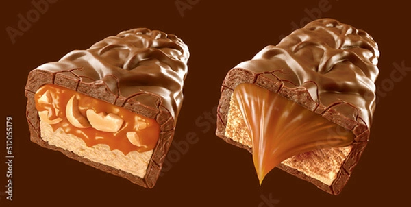 Obraz Delicious chocolate coated snack bar with caramel and peanut. 3d illustration. 