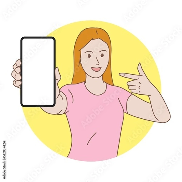 Obraz Young woman showing her smartphone while pointing at her smartphone with copy space