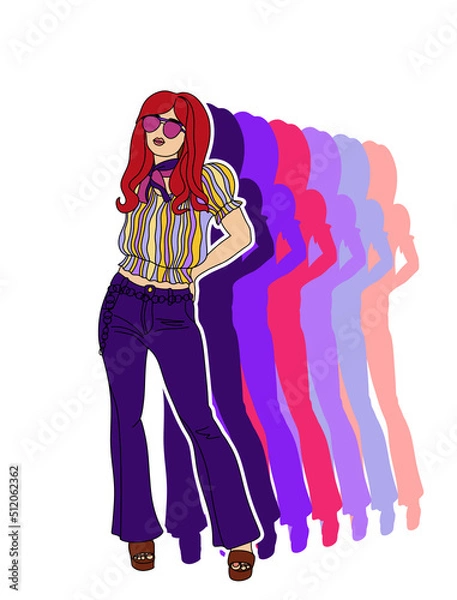 Fototapeta retro poster in disco style 60s-70s, fashion girl image on rainbow background, hippie vintage style, psychedelic, summer groovy mood. Trendy retro style.