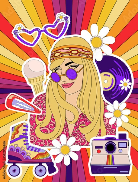 Fototapeta retro poster in disco style 60s-70s, fashion girl image on rainbow background, hippie vintage style, psychedelic, summer groovy mood. Trendy retro style.