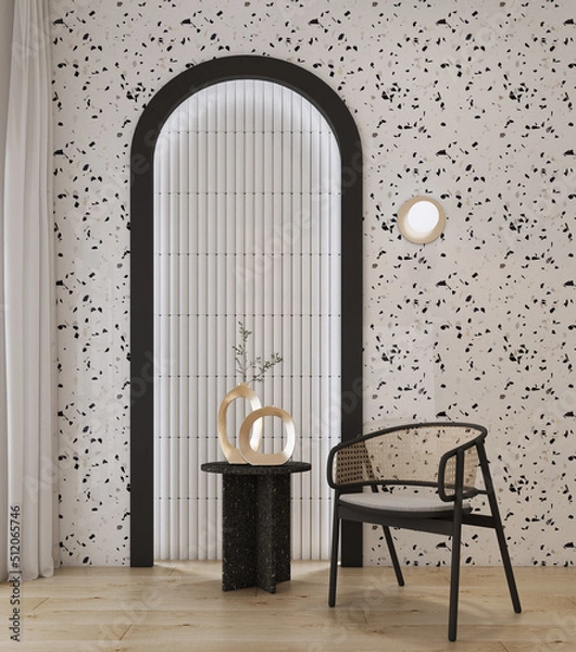 Fototapeta MINIMAL MODERN RATTAN CHAIR WITH PLANT IN MODERN GOLD VASE ON BLACK TERRAZZO SIDE TABLE IN FRONT OF THE BLACK ARCHED DOOR WITH CORRUGATED WALL AND GOLD WALL LAMP ON WOOD FLOOR  3D RENDERING.