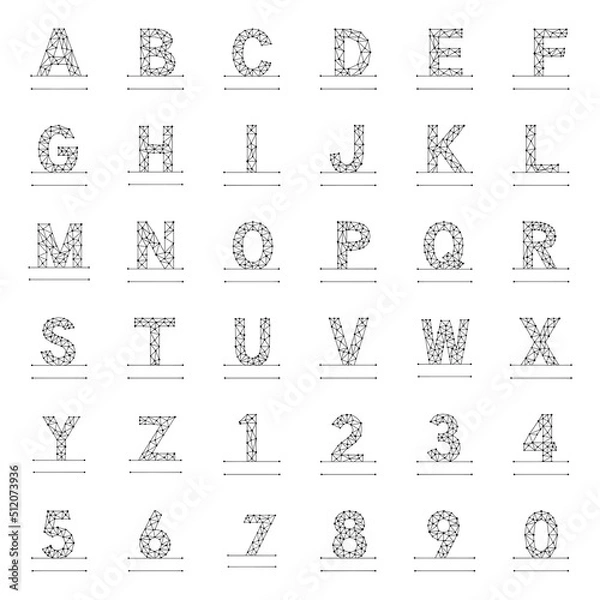 Fototapeta Vector set of personalized monograms in geometric style on white background. Letters and numbers made from lines and dots.