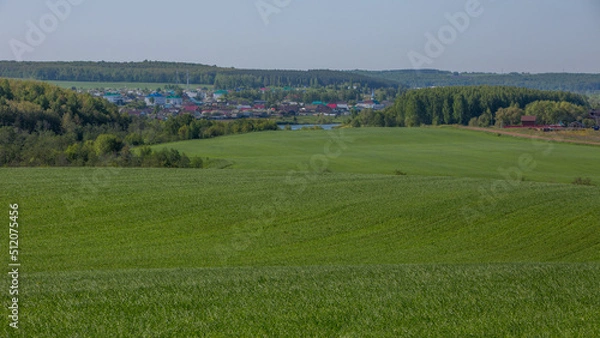 Fototapeta view of the village of Kalmash, Tatarstan, Russia, spring agricultural fields from the top of the hill on a spring clear morning