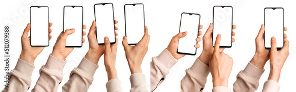 Obraz A man holds in his hands a blank black smartphone screen with a modern frameless design. Seven positions isolated on white background