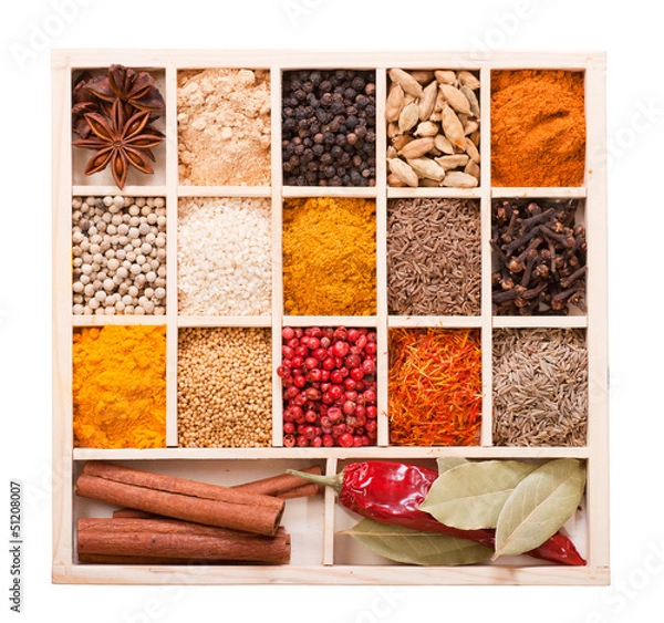 Fototapeta Various spices in the wooden box