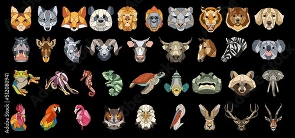 Fototapeta Big vector animal faces set. Abstract mosaic animals, birds and fish portraits. Abstract geometric animals illustrations. Totemic animal faces avatars.