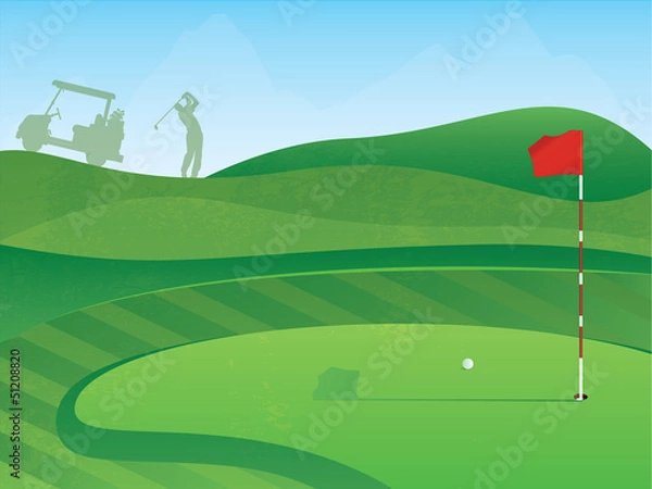 Fototapeta Golf Course Layout with Red Flag and Ball on the Green