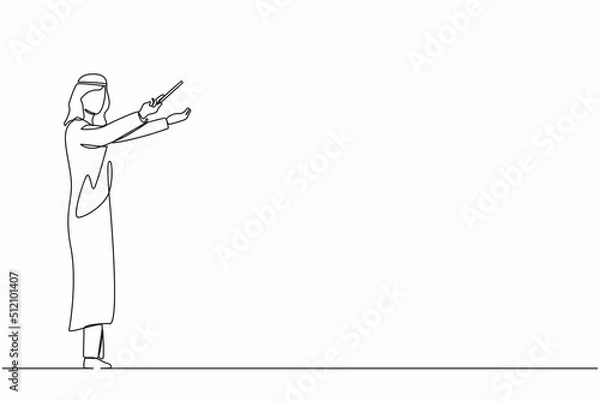 Fototapeta Single continuous line drawing Arab man music conductor. Male musician perform on stage directing symphony orchestra. Classical music performance, instrumental ensemble. One line graphic design vector