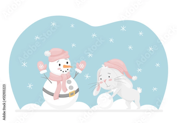 Obraz Rabbit rolls a snowball, makes a snowman. Winter fun activity. Adorable character in pastel colors. Kids design for cards, clothes, web design. Childrens vector illustration on a white background
