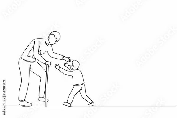 Fototapeta Single continuous line drawing happy little boy running to hug his grandfather. Grandson visiting grandparents. Senior man welcoming grandchild at home. One line graphic design vector illustration