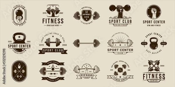 Obraz set of gym or fitness logo sport line vintage vector illustration template icon graphic design. bundle collection of various body building sign or symbol for training center concept typography