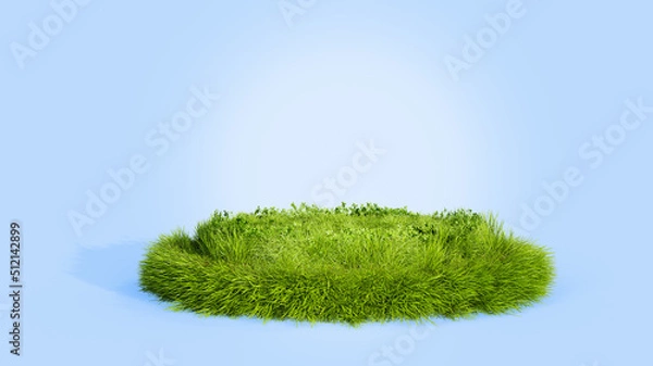 Obraz Grass podium, on a blue background. Grass circle, copy space. 3d rendering.