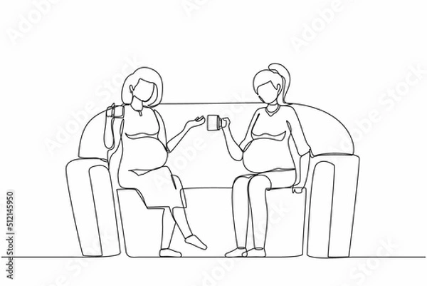 Fototapeta Single one line drawing two girls are sitting on couch. They drink tea, talk, share secrets. Friends, neighbors, young ladies. Cozy evening with hot drink. Continuous line draw design graphic vector