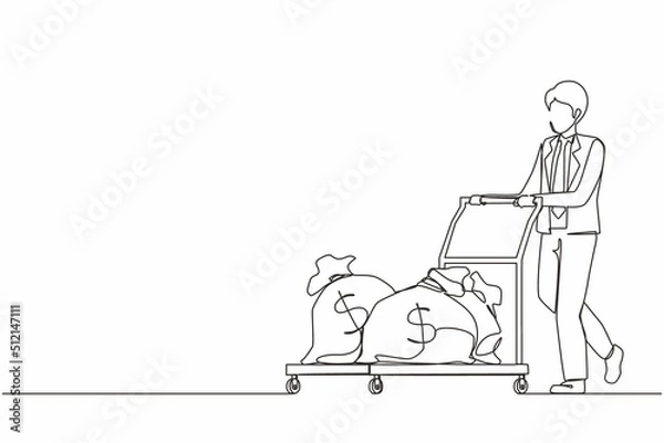 Fototapeta Continuous one line drawing businessman push cart with money bags. Reward or profit concept. Man employee with salary. Investor carries money to startup. Single line design vector graphic illustration