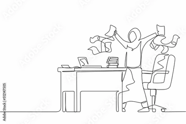 Fototapeta Single continuous line drawing happy Arab businesswoman, company leader or office worker throwing documents in air, enjoying business success while sitting at workplace. One line graphic design vector