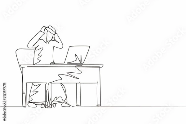 Fototapeta Single one line drawing scary frustrated frightened Arabian businessman clerk manager stands at laptop, holding head. Office overload, mental stress. Continuous line design graphic vector illustration
