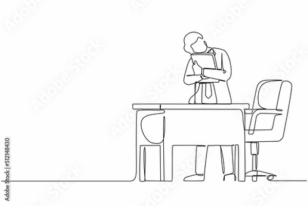 Fototapeta Single continuous line drawing businessman hugging laptop at office. Love to computer concept. Young emotional male. Human emotions, facial expression. One line draw graphic design vector illustration
