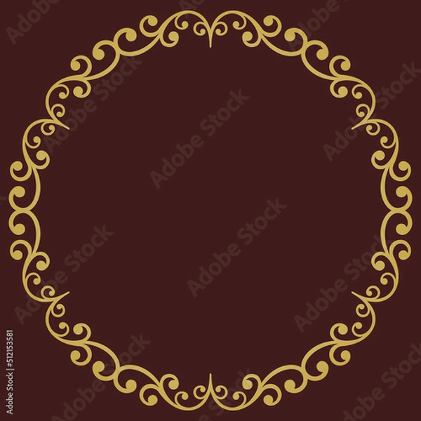 Fototapeta Oriental vector round frame with arabesques and floral elements. Floral brown and golden border with vintage pattern. Greeting card with circle and place for text