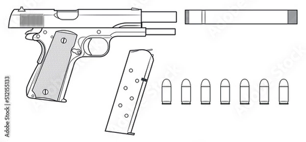 Obraz Vector illustration of the famous american automatic pistol with a breech in the rear position and equipment such as a silencer, magazine and cartridges on a white background
